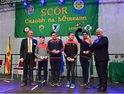 17 February 2018; Emmet Martin, Peter Doyle, William McGibney and Martin McGibney representing Co. Cavan being presented with the cup by Uachtarán Chumann Lúthchleas Gael Aogán Ó Fearghail after winning the table quiz during the All-Ireland Scór na nÓg Final 2018 at the Knocknarea Arena in Sligo IT, Sligo. Photo by Eóin Noonan/Sportsfile