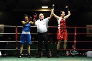17 February 2018; Anita Larkin, Baldoyle, Dublin, right is declared the winner against Kinga Krzak, Celtic Eagles, Galway, after their bout at the 2018 IABA Elite Boxing Championships Semi-Finals at the National Stadium in Dublin. Photo by Barry Cregg/Sportsfile