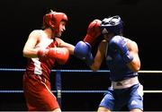 17 February 2018; Anita Larkin, Baldoyle, Dublin, left, in action against Kinga Krzak, Celtic Eagles, Galway, during their bout at the 2018 IABA Elite Boxing Championships Semi-Finals at the National Stadium in Dublin. Photo by Barry Cregg/Sportsfile