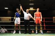 17 February 2018; Conor Bolger, Smithfield, Dublin, left, is declared the winner after his bout against Conor McGinn, DCU, Dublin at the 2018 IABA Elite Boxing Championships Semi-Finals at the National Stadium in Dublin. Photo by Barry Cregg/Sportsfile