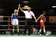 17 February 2018; Carol Coughlin, Monkstown, Dublin, left, is declared the winner after her bout against Megan Doyle, Whitechurch, Dublin at the 2018 IABA Elite Boxing Championships Semi-Finals at the National Stadium in Dublin. Photo by Barry Cregg/Sportsfile