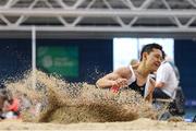 18 February 2018; Richard Tsang of Shercock A.C. Cavan, competing in the Senior Men Long Jump during the Irish Life Health National Senior Indoor Athletics Championships at the National Indoor Arena in Abbotstown, Dublin. Photo by Eóin Noonan/Sportsfile