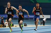 18 February 2018; Leon Reid of Menapians AC, Co Wexford, right, on his way to winning his Senior Men 60m Semi Final during the Irish Life Health National Senior Indoor Athletics Championships at the National Indoor Arena in Abbotstown, Dublin. Photo by Sam Barnes/Sportsfile