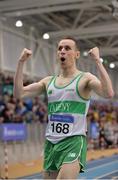 18 February 2018; Kieran Kelly of Raheny Shamrock AC, Co Dublin, celebrates after winning the Senior Men 1500m during the Irish Life Health National Senior Indoor Athletics Championships at the National Indoor Arena in Abbotstown, Dublin. Photo by Sam Barnes/Sportsfile