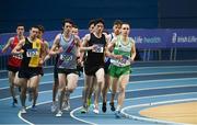 18 February 2018; Kieran Kelly of Raheny Shamrock AC, Co Dublin, right, leads the field during the Senior Men 1500m during the Irish Life Health National Senior Indoor Athletics Championships at the National Indoor Arena in Abbotstown, Dublin. Photo by Sam Barnes/Sportsfile