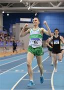 18 February 2018; Kieran Kelly of Raheny Shamrock AC, Co Dublin, celebrates after winning the Senior Men 1500m during the Irish Life Health National Senior Indoor Athletics Championships at the National Indoor Arena in Abbotstown, Dublin. Photo by Sam Barnes/Sportsfile