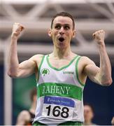 18 February 2018; Kieran Kelly of Raheny Shamrock A.C. celebrates after winning the Senior Men 1500m during the Irish Life Health National Senior Indoor Athletics Championships at the National Indoor Arena in Abbotstown, Dublin. Photo by Eóin Noonan/Sportsfile