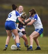 18 February 2018; Amy Foley of Kerry in action against Monaghan's, from left, Hazel Kingham, Hannah McSkeane, and Shauna Coyle during the Lidl Ladies Football National League Division 1 Round 3 refixture match between Monaghan and Kerry at IT Blanchardstown in Blanchardstown, Dublin. Photo by Piaras Ó Mídheach/Sportsfile