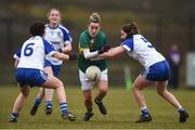 18 February 2018; Amy Foley of Kerry in action against Monaghan's, from left, Hazel Kingham, Hannah McSkeane, and Shauna Coyle during the Lidl Ladies Football National League Division 1 Round 3 refixture match between Monaghan and Kerry at IT Blanchardstown in Blanchardstown, Dublin. Photo by Piaras Ó Mídheach/Sportsfile