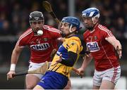 18 February 2018; Shane O'Donnell of Clare in action against Colm Spillane, left, and Sean O’Donoghue of Cork during the Allianz Hurling League Division 1A Round 3 match between Clare and Cork at Cusack Park in Ennis, Clare. Photo by Seb Daly/Sportsfile