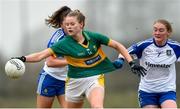 18 February 2018; Elish O’Leary of Kerry in action against Hannah McSkeane, right, and Muireann Atkinson of Monaghan during the Lidl Ladies Football National League Division 1 Round 3 refixture match between Monaghan and Kerry at IT Blanchardstown in Blanchardstown, Dublin. Photo by Piaras Ó Mídheach/Sportsfile
