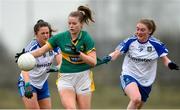 18 February 2018; Elish O’Leary of Kerry in action against Hannah McSkeane, right, and Muireann Atkinson of Monaghan during the Lidl Ladies Football National League Division 1 Round 3 refixture match between Monaghan and Kerry at IT Blanchardstown in Blanchardstown, Dublin. Photo by Piaras Ó Mídheach/Sportsfile