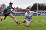 18 February 2018; Stephen Madigan of Blackrock College goes over to score his side's first try during the Bank of Ireland Leinster Schools Senior Cup Round 2 match between Blackrock College and St Gerard's School at Donnybrook in Dublin. Photo by David Fitzgerald/Sportsfile