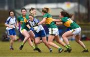 18 February 2018; Ciara McAnespie of Monaghan in action against Kerry's, from left, Elish Lynch, Deidre Kearney and Emma Dineen during the Lidl Ladies Football National League Division 1 Round 3 refixture match between Monaghan and Kerry at IT Blanchardstown in Blanchardstown, Dublin. Photo by Piaras Ó Mídheach/Sportsfile