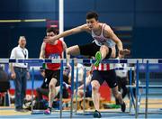 18 February 2018; Matthew Behan of Crusaders AC, Co Dublin, on his way to winning the Senior Men 60m Hurdles during the Irish Life Health National Senior Indoor Athletics Championships at the National Indoor Arena in Abbotstown, Dublin. Photo by Sam Barnes/Sportsfile