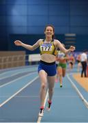 18 February 2018; Alanna Lally of UCD AC, Co Dublin, celebrates winning the Senior Women 800m during the Irish Life Health National Senior Indoor Athletics Championships at the National Indoor Arena in Abbotstown, Dublin. Photo by Sam Barnes/Sportsfile