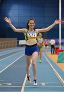 18 February 2018; Alanna Lally of UCD AC, Co Dublin, celebrates winning the Senior Women 800m during the Irish Life Health National Senior Indoor Athletics Championships at the National Indoor Arena in Abbotstown, Dublin. Photo by Sam Barnes/Sportsfile