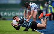 18 February 2018; Morgan Freely of St Gerard's School is tackled by James Tarrant of Blackrock College during the Bank of Ireland Leinster Schools Senior Cup Round 2 match between Blackrock College and St Gerard's School at Donnybrook in Dublin. Photo by David Fitzgerald/Sportsfile