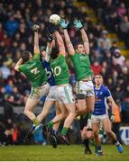 18 February 2018; Conor McGill, left, Harry Rooney, centre, and Bryan Menton of Meath in action against Padraig Faulkner of Cavan during the Allianz Football League Division 2 Round 3 Refixture match between Cavan and Meath at Kingspan Breffni in Cavan.  Photo by Philip Fitzpatrick/Sportsfile