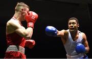 17 February 2018; Anthony Browne, right, St. Michaels, Dublin in action against Caomhin Hynes, Holy Tinity, Belfast, County Antrim, during their bout at the 2018 IABA Elite Boxing Championships Semi-Finals at the National Stadium in Dublin. Photo by Barry Cregg/Sportsfile