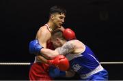 17 February 2018; Kiril Afanasev, Smithfield, Dublin, left, in action against Jason Barron, Holy Trinity, Belfast, Co. Antrim during their bout at the 2018 IABA Elite Boxing Championships Semi-Finals at the National Stadium in Dublin. Photo by Barry Cregg/Sportsfile