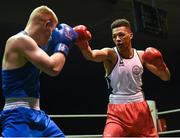 17 February 2018; Brett McGinty, Oakleaf, Dublin, left, in action against Kelyn Cassidy, Saviours Crystal, Dublin during their bout at the 2018 IABA Elite Boxing Championships Semi-Finals at the National Stadium in Dublin. Photo by Barry Cregg/Sportsfile