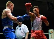 17 February 2018; Kelyn Cassidy, Saviours Crystal, Dublin, right, in action against Brett McGinty, Oakleaf, Dublin, during their bout at the 2018 IABA Elite Boxing Championships Semi-Finals at the National Stadium in Dublin. Photo by Barry Cregg/Sportsfile