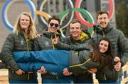 19 February 2018; Team Ireland athletes, from left, freestlye skier Brendan Newby, snowboarder Seamus O’Connor, alpine skier Patrick McMillan, cross country skier Thomas Maloney Westgaard and alpine skier Tess Arbez photographed in the Athletes Village at the Winter Olympics in Pyeongchang-gun, South Korea. Photo by Ramsey Cardy/Sportsfile