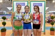 18 February 2018; Senior Women 800m medallists, from left, Siobhan Eviston of Raheny Shamrock AC, Co Dublin, silver, Alanna Lally of U.C.D. AC, Co Dublin, gold, and Jo Keane of Ennis Track AC, Co Clare, bronze, during the Irish Life Health National Senior Indoor Athletics Championships at the National Indoor Arena in Abbotstown, Dublin. Photo by Sam Barnes/Sportsfile