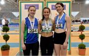 18 February 2018; Senior Women Triple Jump medallists, from left, Lydia Mills of Queens University AC, Belfast, silver, Saragh Buggy of St Abbans AC, Laois, gold, and Grace Furlong of Waterford AC, Co Waterford, bronze, during the Irish Life Health National Senior Indoor Athletics Championships at the National Indoor Arena in Abbotstown, Dublin. Photo by Sam Barnes/Sportsfile
