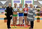 18 February 2018; Senior Women 800m medallists, from left, Siobhan Eviston of Raheny Shamrock AC, Co Dublin, silver, Alanna Lally of U.C.D. AC, Co Dublin, gold, and Jo Keane of Ennis Track AC, Co Clare, bronze, with Caroline O'Shea, Athletics Ireland Board Member, far left, and Georgina Drumm, President of Athletics Ireland, far right,  during the Irish Life Health National Senior Indoor Athletics Championships at the National Indoor Arena in Abbotstown, Dublin. Photo by Sam Barnes/Sportsfile