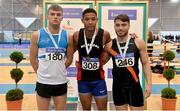 18 February 2018; Senior Men 60m medallists, from left, Marcus Lawler of St. L. O'Toole AC, Co Carlow, silver, Leon Reid of Menapians AC, Co Wexford, gold, and Leo Morgan of Clonliffe Harriers AC, Co Dublin, during the Irish Life Health National Senior Indoor Athletics Championships at the National Indoor Arena in Abbotstown, Dublin. Photo by Sam Barnes/Sportsfile