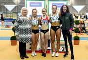 18 February 2018; Senior Women 60m medallists, from left, Joan Healy of Bandon AC, Co Cork, silver, Amy Foster of City of Lisburn AC, Co Down, gold and Ciara Neville of Emerald AC, Co Limerick, bronze, with Georgina Drumm Athletics Ireland President, far left, and Liz Rowen, Head of Marketing at Irish Life Health, during the Irish Life Health National Senior Indoor Athletics Championships at the National Indoor Arena in Abbotstown, Dublin. Photo by Sam Barnes/Sportsfile