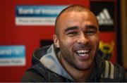 19 February 2018; Simon Zebo during a Munster Rugby press conference at the University of Limerick in Limerick. Photo by Diarmuid Greene/Sportsfile