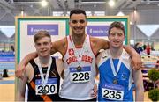18 February 2018; Senior Men Long Jump medallists, from left, Keith Marks of Clonliffe Harriers AC, Co Dublin, silver, Adam McMullen of Crusaders AC, Co Dublin, gold, and Darragh Miniter of St. Marys AC, Co Clare, bronze, during the Irish Life Health National Senior Indoor Athletics Championships at the National Indoor Arena in Abbotstown, Dublin. Photo by Sam Barnes/Sportsfile