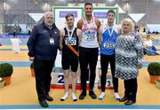 18 February 2018; Senior Men Long Jump medallists, from left, Keith Marks of Clonliffe Harriers AC, Co Dublin, silver, Adam McMullen of Crusaders AC, Co Dublin, gold, and Darragh Miniter of St. Marys AC, Co Clare, bronze, with John Cronin, Event Director, far left, and Georgina Drumm, President of Athletics Ireland, far right, during the Irish Life Health National Senior Indoor Athletics Championships at the National Indoor Arena in Abbotstown, Dublin. Photo by Sam Barnes/Sportsfile