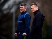 19 February 2018; Former Republic of Ireland international and current Shamrock Rovers coach Damien Duff watches on, in the company of Leinster academy manager Peter Smyth, during a Leinster Rugby training session at Leinster Rugby Headquarters in UCD, Dublin. Photo by Stephen McCarthy/Sportsfile
