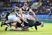 19 February 2018; Luke Rigney of Newbridge College is held up just short of the line by Luke Harmon, left, and Ruadhan Byron of Belvedere College during the Bank of Ireland Leinster Schools Senior Cup Round 2 match between Belvedere College and Newbridge College at Donnybrook Stadium in Dublin. Photo by Sam Barnes/Sportsfile