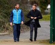19 February 2018; Former Republic of Ireland international and current Shamrock Rovers coach Damien Duff, in the company of Leinster operations manager Ronan O'Donnell, arrives for a Leinster Rugby training session at Leinster Rugby Headquarters in UCD, Dublin. Photo by James Doherty/Sportsfile