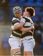 19 February 2018; Matthew Grogan of Belvedere College, right, celebrates with team-mate Cian Scott after scoring his side's third try during the Bank of Ireland Leinster Schools Senior Cup Round 2 match between Belvedere College and Newbridge College at Donnybrook Stadium in Dublin. Photo by Sam Barnes/Sportsfile