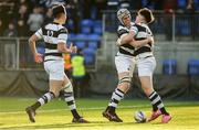19 February 2018; Matthew Grogan of Belvedere College, right, celebrates with team-mates Cian Scott and Cailean Mulvaney after scoring his side's third try during the Bank of Ireland Leinster Schools Senior Cup Round 2 match between Belvedere College and Newbridge College at Donnybrook Stadium in Dublin. Photo by James Doherty/Sportsfile
