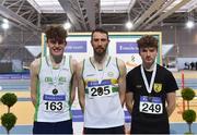 18 February 2018; Senior Men High Jump medalists, from left, Fodhla Nicpháidín Craughwell A.C. Galway, Barry Pender, St Abbans A.C. Carlow, Lucas Moylan Naas A.C. Kildare, during the Irish Life Health National Senior Indoor Athletics Championships at the National Indoor Arena in Abbotstown, Dublin. Photo by Eóin Noonan/Sportsfile