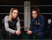 20 February 2018; Boxers Amy Broadhurst, left, of Dealgan Boxing Club, Dublin, and Grainne Walsh of Sparticus Boxing Club, Tullamore, Co Offaly, during the launch of the Liffey Crane Hire Elite Boxing Championship at the National Stadium in Dublin. Photo by Seb Daly/Sportsfile