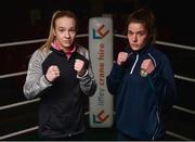 20 February 2018; Boxers Amy Broadhurst, left, of Dealgan Boxing Club, Dublin, and Grainne Walsh of Sparticus Boxing Club, Tullamore, Co Offaly, during the launch of the Liffey Crane Hire Elite Boxing Championship at the National Stadium in Dublin. Photo by Seb Daly/Sportsfile