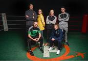 20 February 2018; Boxers, from left, Kirill Afanasev, of Smithfield Boxing Club, Dublin, Michael Kevin, of Portlaoise Boxing Club, Co Laois, Kellie Harrington, of St. Mary's Boxing Club, Dublin, Amy Broadhurst, of Dealgan Boxing Club, Dublin, Grainne Walsh, of Sparticus Boxing Club, Tullamore, Co Offaly, and Kevin Sheehy, of St. Franis Boxing Club, Limerick, during the launch of the Liffey Crane Hire Elite Boxing Championship at the National Stadium in Dublin. Photo by Seb Daly/Sportsfile