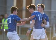 20 February 2018; Tim MacMahon of St Mary's College celebrates with team-mates Michael McEvoy, left, and Eoin Carey, right, after scoring his side's second try during the Bank of Ireland Leinster Schools Senior Cup Round 2 match between Cistercian College Roscrea and St Mary's College at Donnybrook Stadium in Dublin. Photo by Daire Brennan/Sportsfile