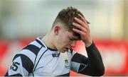 20 February 2018; A dejected Tadhg Bird of Cistercian College Roscrea after the Bank of Ireland Leinster Schools Senior Cup Round 2 match between Cistercian College Roscrea and St Mary's College at Donnybrook Stadium in Dublin. Photo by Daire Brennan/Sportsfile