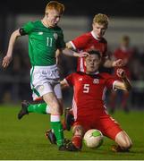 20 February 2018; Shane Farrell of Republic of Ireland in action against Alaric Williams of Wales during the Under 18 International Friendly match between Republic of Ireland and Wales at Tramore AFC in Tramore, Co Waterford. Photo by Diarmuid Greene/Sportsfile