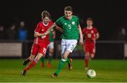 20 February 2018; Denim McLaughlin of Republic of Ireland in action against Charlie Williams of Wales during the Under 18 International Friendly match between Republic of Ireland and Wales at Tramore AFC in Tramore, Co Waterford. Photo by Diarmuid Greene/Sportsfile