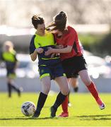 21 February 2018; Eimear McLaughlin of Moville Community College in action against Lauren McCormack of Presentation Secondary School Thurles during the Bank of Ireland FAI Schools Senior Girls National Cup Final match between Moville Community College, Donegal, and Presentation Secondary School Thurles, Tipperary, at Home Farm FC in Whitehall, Dublin. Photo by Stephen McCarthy/Sportsfile